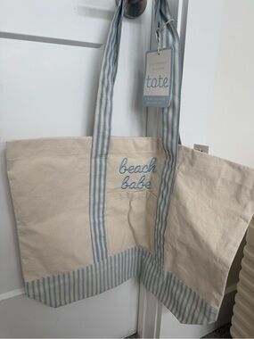 Beach Babe Canvas Tote with Blue Stripes